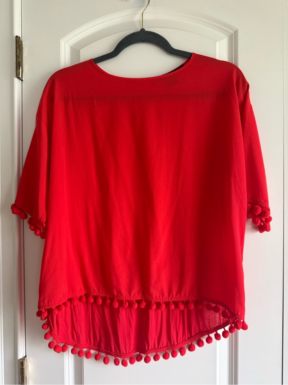 French Connection Women's Bright Red Pom-Trim Top, size XS, GUC!